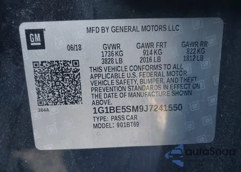 2018 Chevrolet Cruze Lt Auto из США, поврежденный, VIN 1G1BE5SM9J7241550